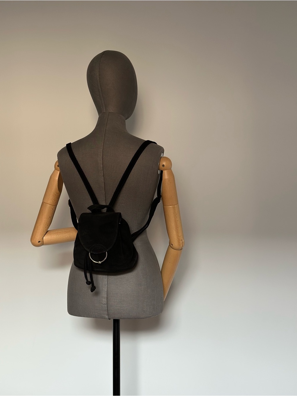 Black Suede Mini Backpack Drawstring Leather Bag Silver Hardware - Picture 10 of 17